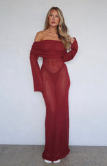 Made It Out Long Sleeve Boucle Maxi Dress Burgundy