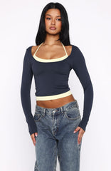 Know Everything Long Sleeve Double Layer Top Navy/Lemon