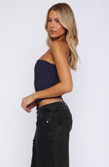 Let It Go Strapless Bustier Navy Polka Dot