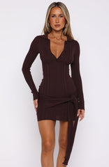 Chasing Sunbeams Knit Long Sleeve Mini Dress Chocolate