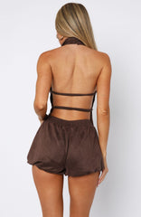 Still Love Me Faux Suede Mini Shorts Dark Chocolate