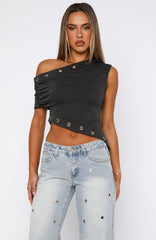 Can't Look Back Off Shoulder Top Dark Grey Marle