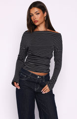 Another Time Cinched Waist Long Sleeve Top Black Stripe