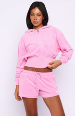 Causing Commotion Terry Cropped Cinched Zip Front Hoodie Pink