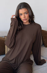 Come A Long Way Soft Lounge Long Sleeve Ribbed Tee Chocolate