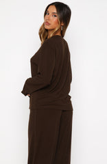 Come A Long Way Soft Lounge Long Sleeve Ribbed Tee Chocolate