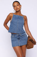 Happiness Is Key Mid Rise Denim Mini Skirt Admiral Blue