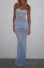 Sheer Grace Strapless Glitter Maxi Dress Powder Blue