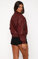 Might Cause Trouble PU Bomber Jacket Burgundy