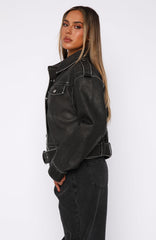 In This World PU Biker Jacket Charcoal Wash