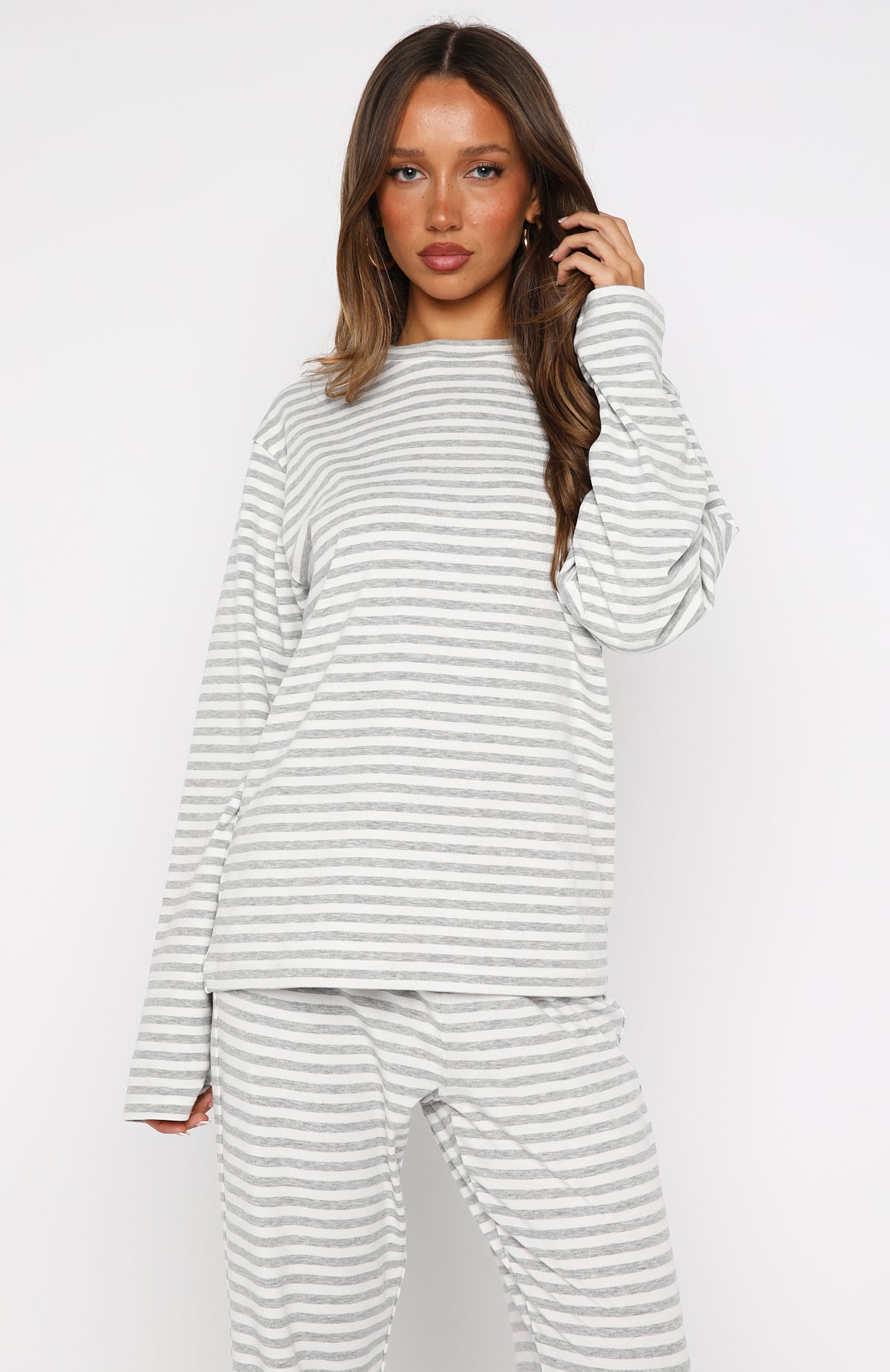 Slow Life Long Sleeve Pyjama Top Grey/White Stripe