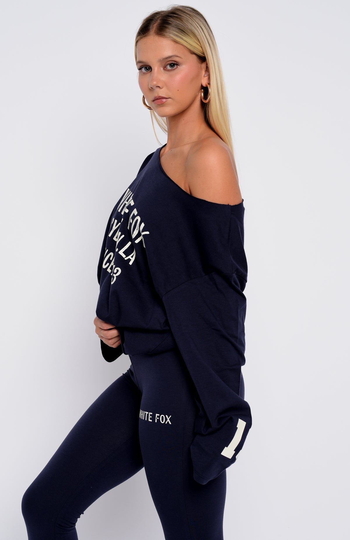 Topic Of Discussion Off Shoulder Oversized Long Sleeve Tee Navy
