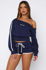 High Roller Off Shoulder Long Sleeve Sweater Navy