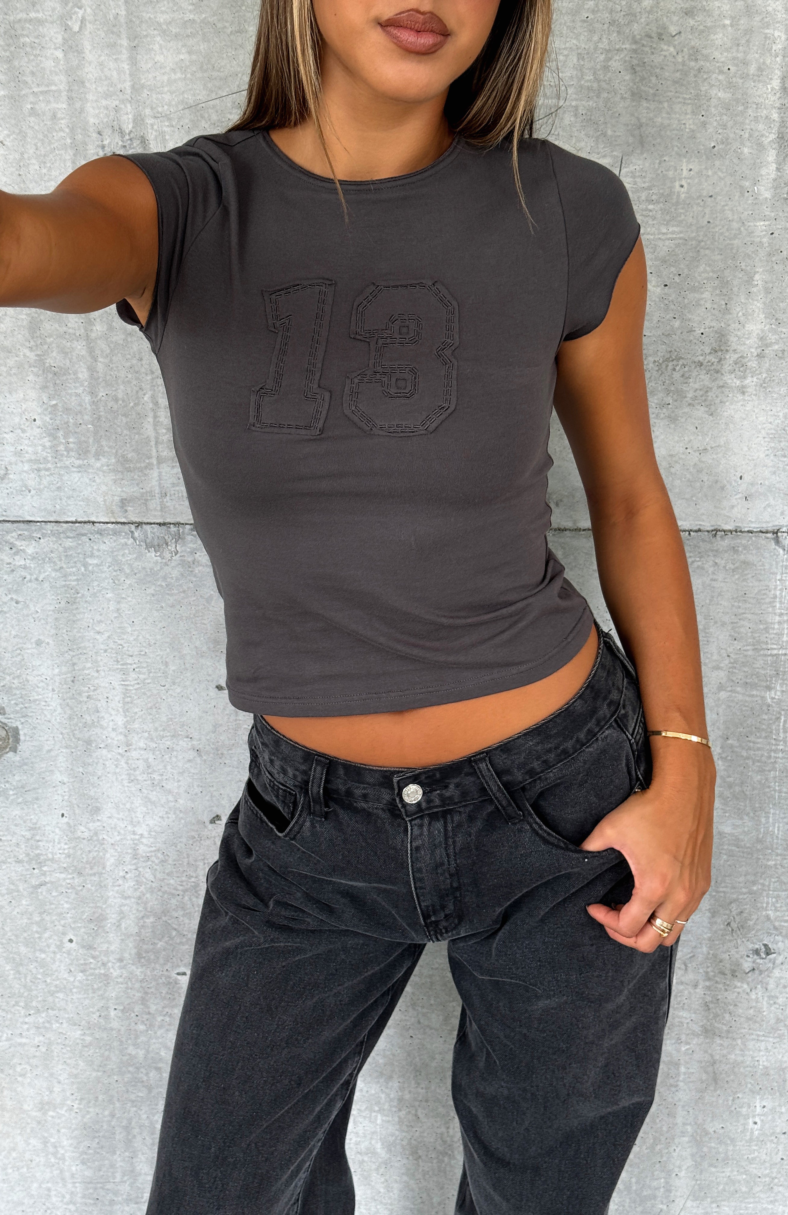 Never Fall Back Baby Tee Charcoal