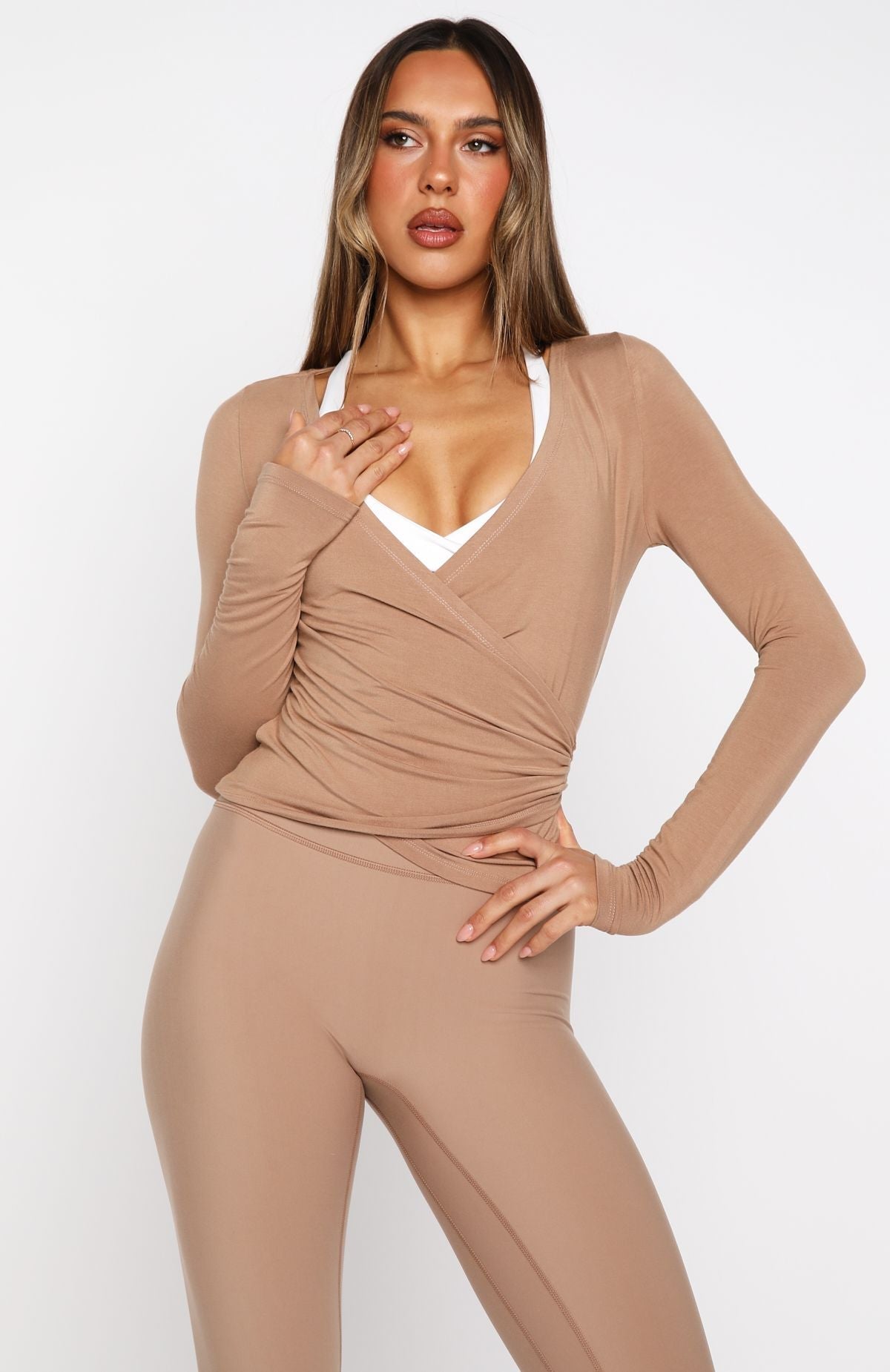 Staying Cute Long Sleeve Wrap Top Caramel