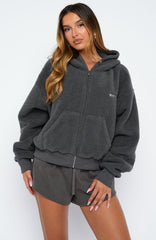 Always First Teddy Borg Boxy Zip Front Hoodie Charcoal