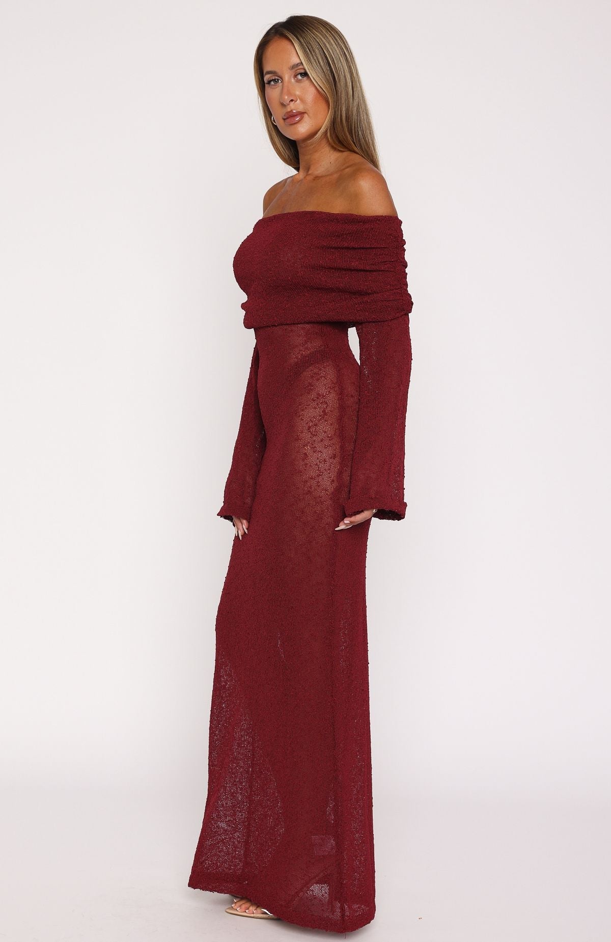 Made It Out Long Sleeve Boucle Maxi Dress Burgundy