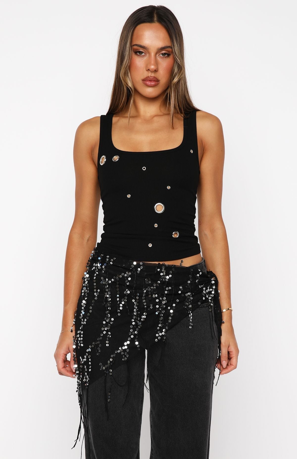 Chrome Aura Ribbed Tank Black