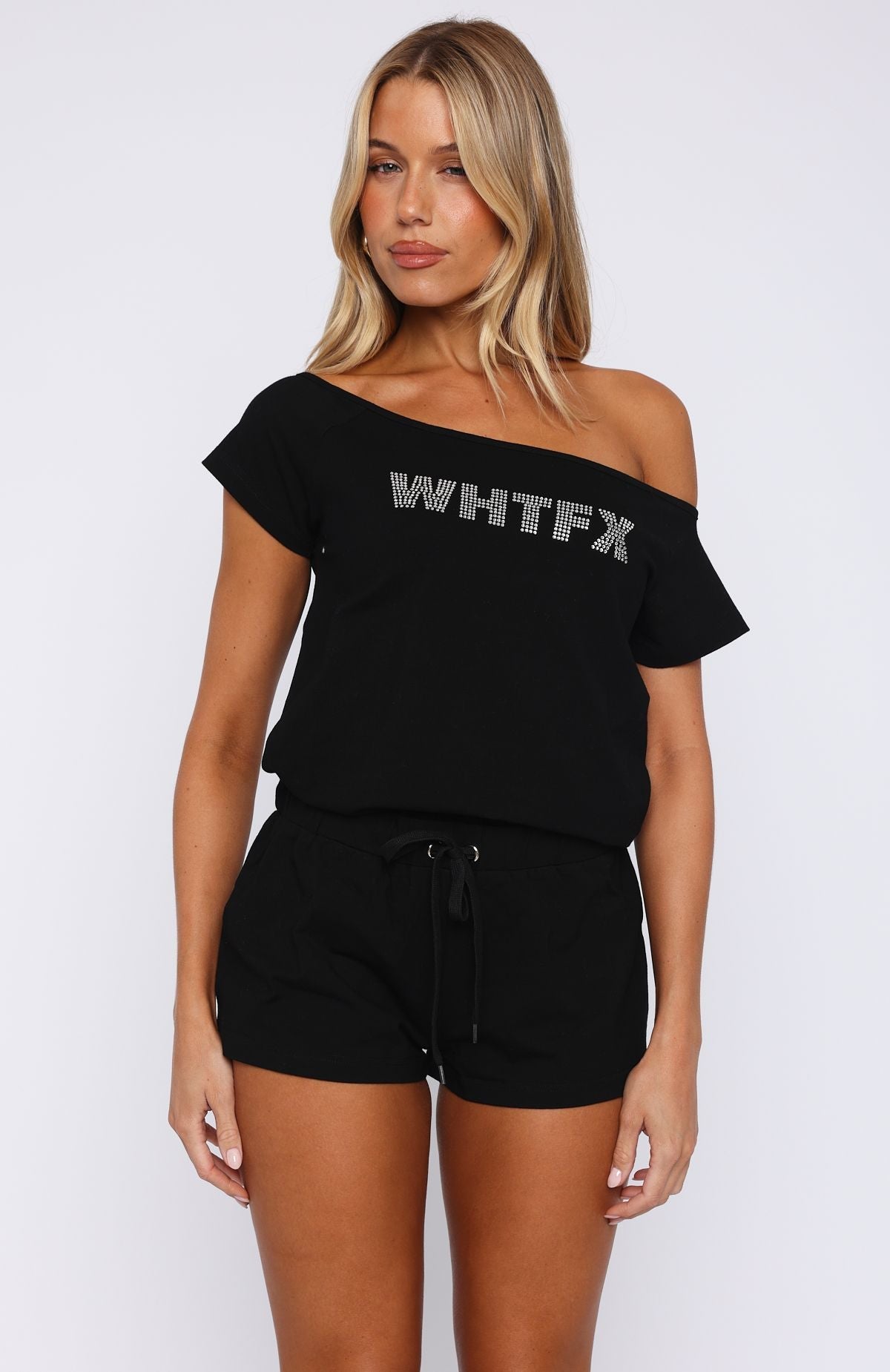 Don't Talk To Me Off Shoulder Playsuit Black