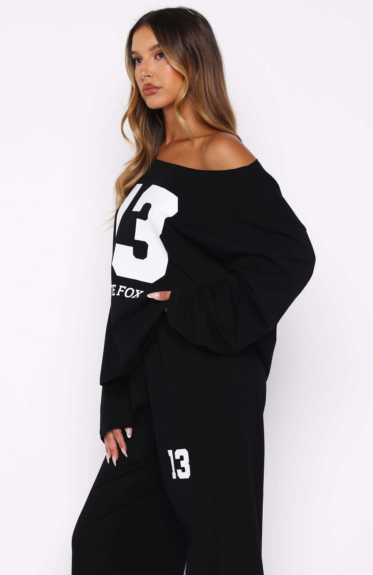 Only One Left Off Shoulder Oversized Long Sleeve Tee Black