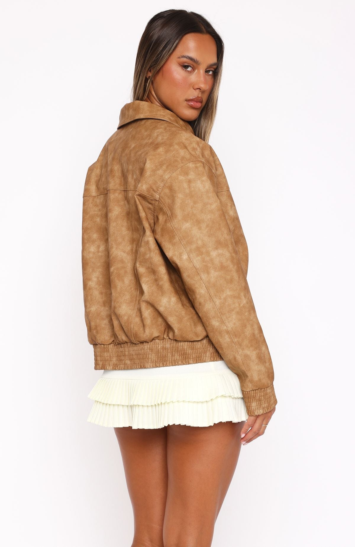 Make Things Right PU Bomber Jacket Tan