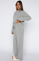 Come A Long Way Soft Lounge Ribbed Wide Leg Pants Grey Marle