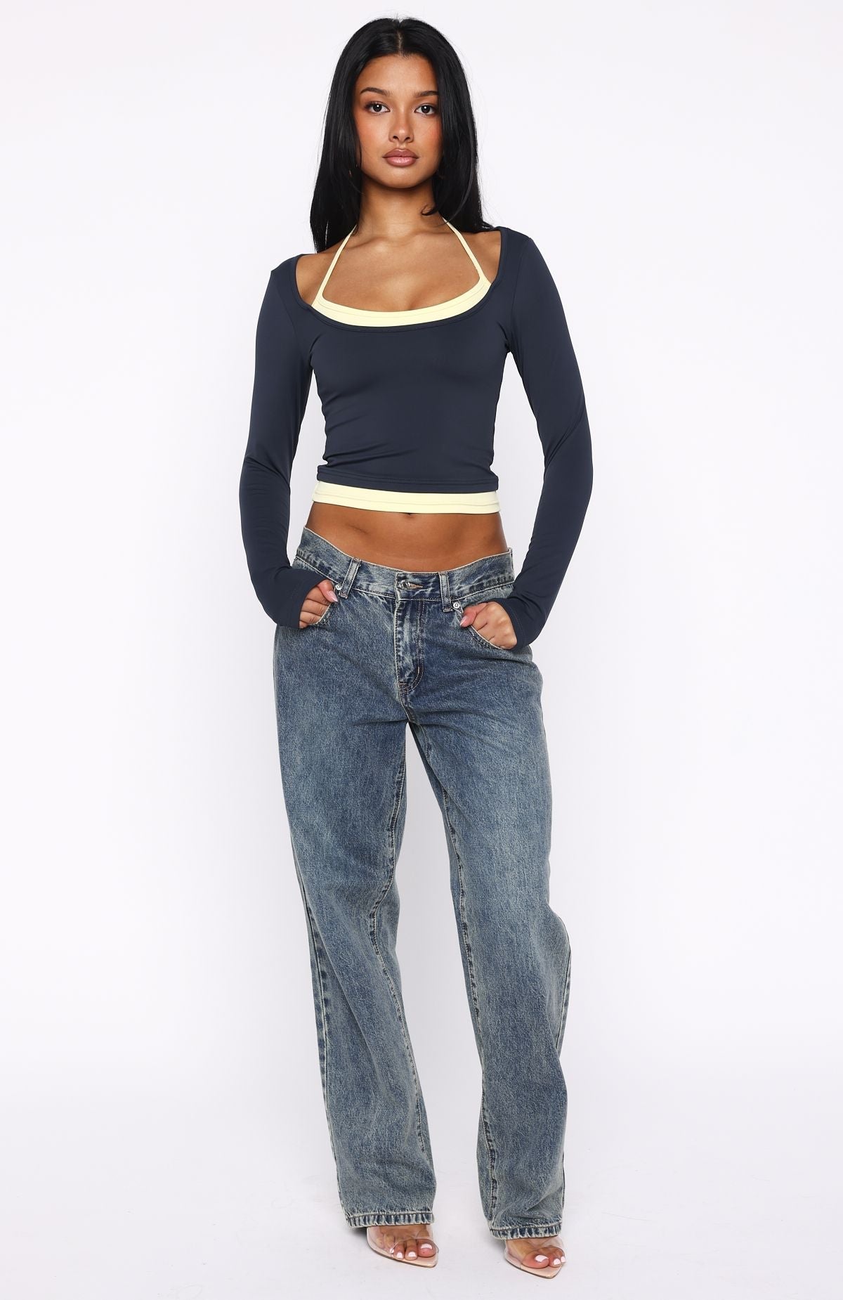 Know Everything Long Sleeve Double Layer Top Navy/Lemon