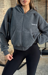 Always First Teddy Borg Boxy Zip Front Hoodie Charcoal