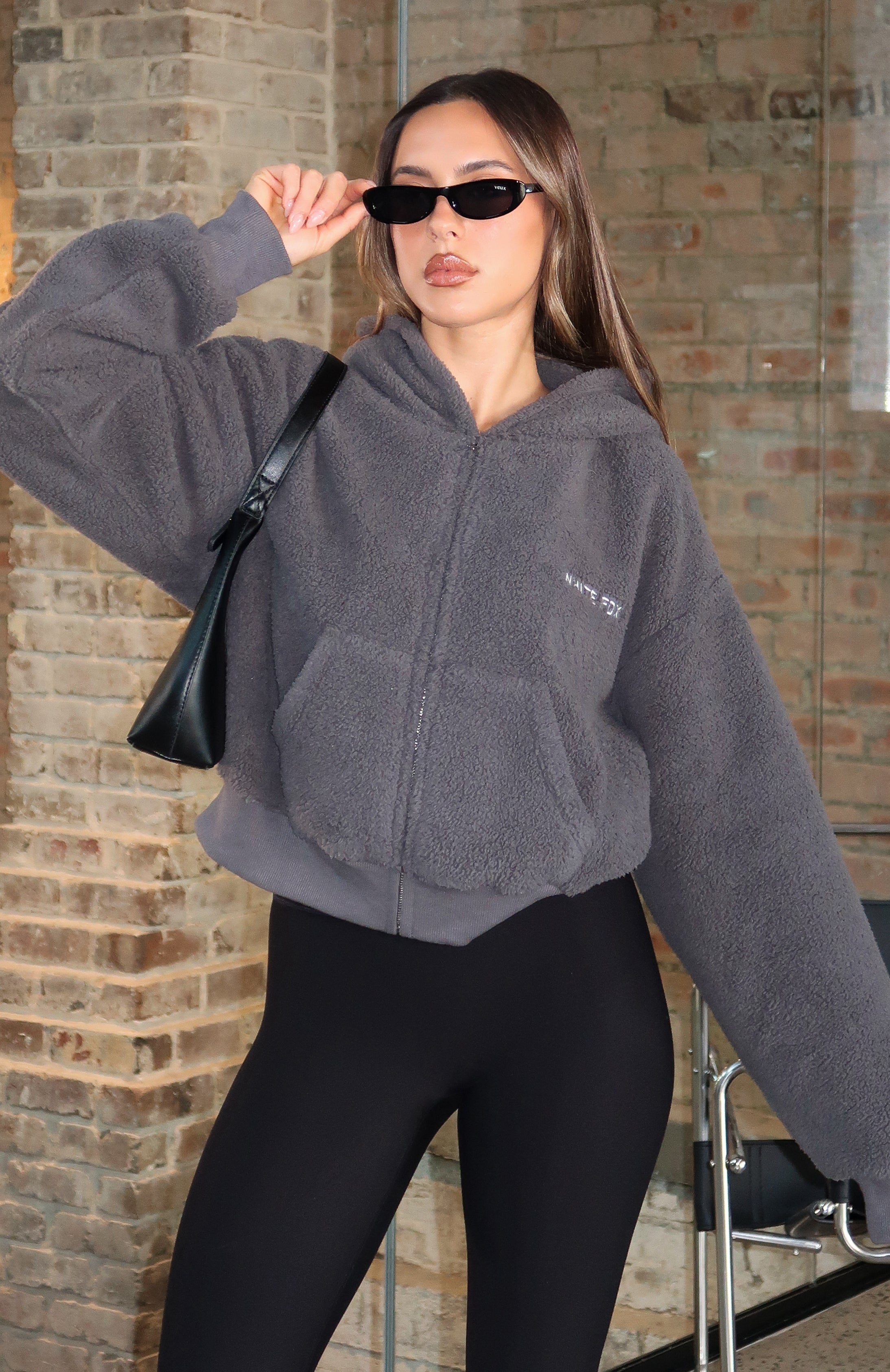 Always First Teddy Borg Boxy Zip Front Hoodie Charcoal