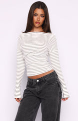 Another Time Cinched Waist Long Sleeve Top White Stripe