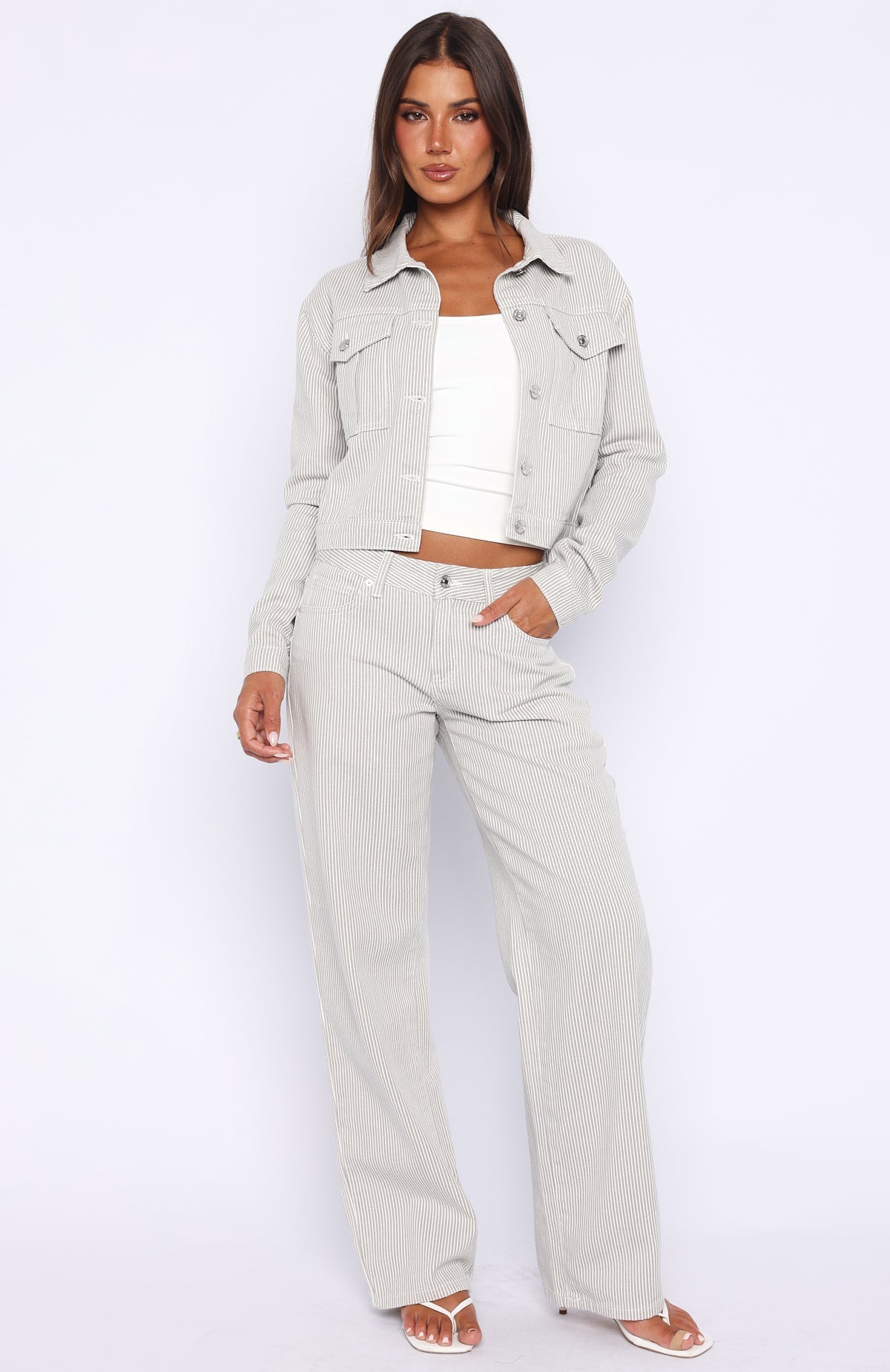 Bring The Style Low Rise Wide Leg Jeans Grey/White