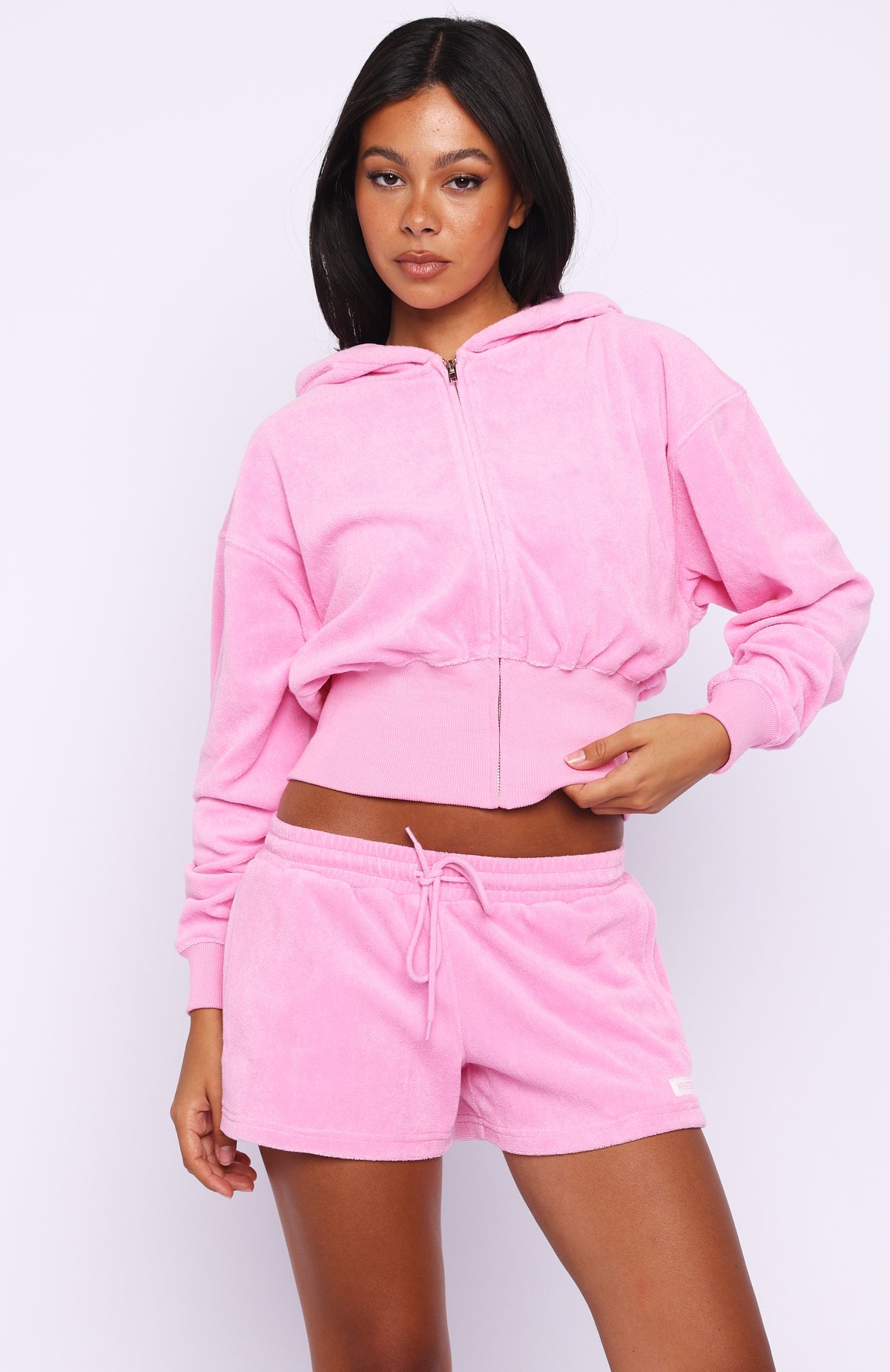 Causing Commotion Terry Cropped Cinched Zip Front Hoodie Pink