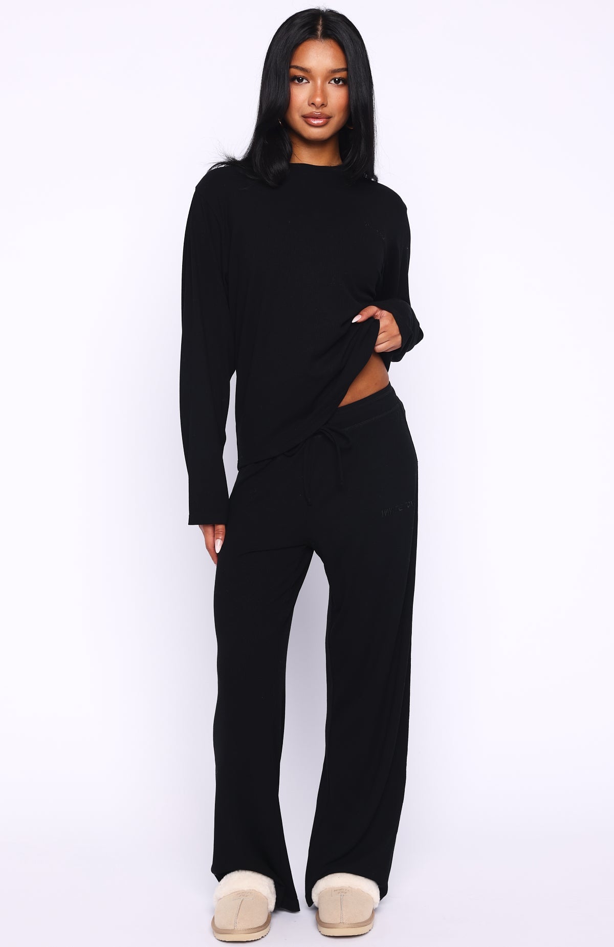 Come A Long Way Soft Lounge Ribbed Wide Leg Pants Black