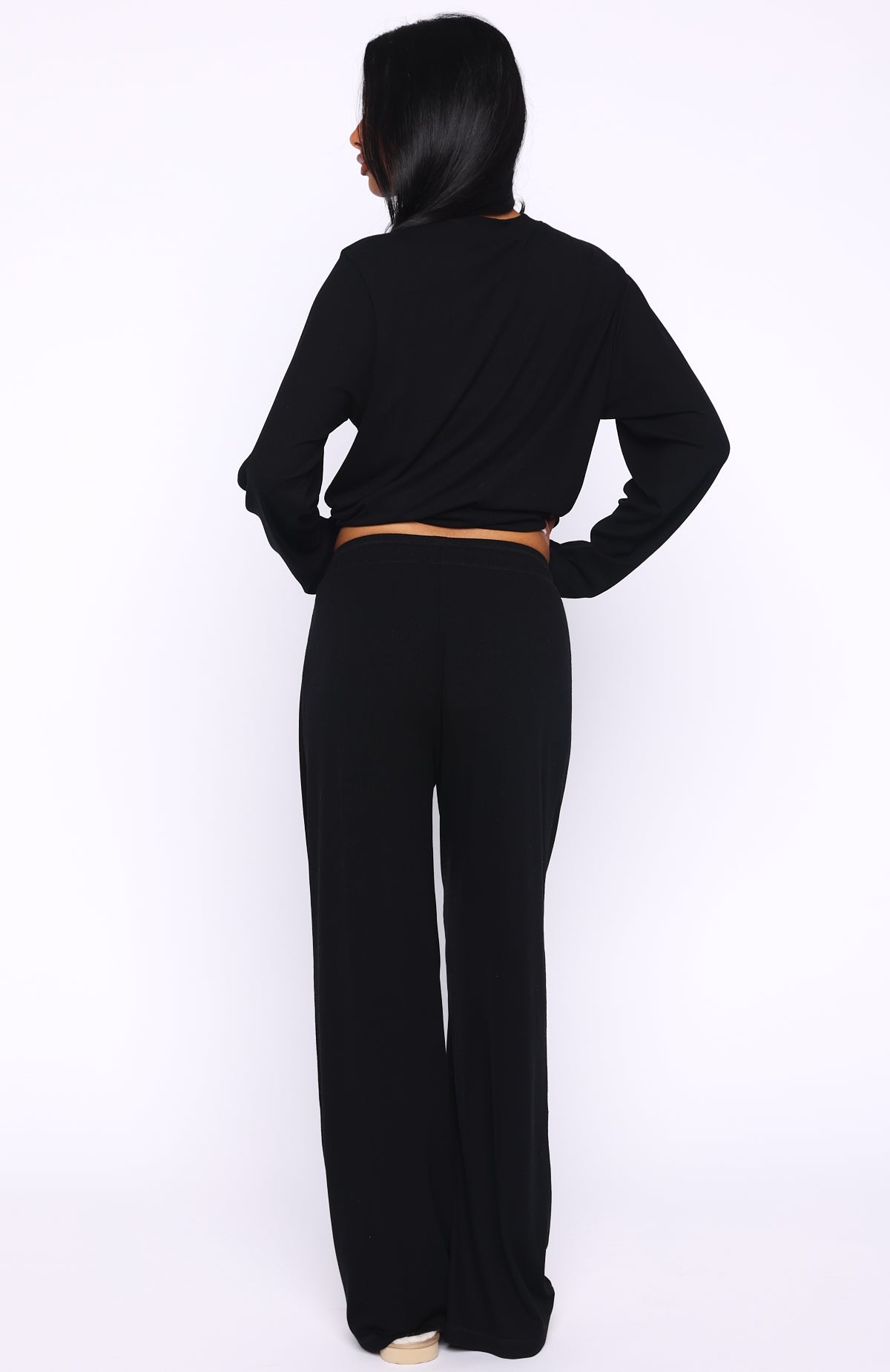 Come A Long Way Soft Lounge Ribbed Wide Leg Pants Black