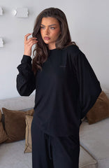 Come A Long Way Soft Lounge Long Sleeve Ribbed Tee Black