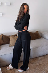 Come A Long Way Soft Lounge Ribbed Wide Leg Pants Black