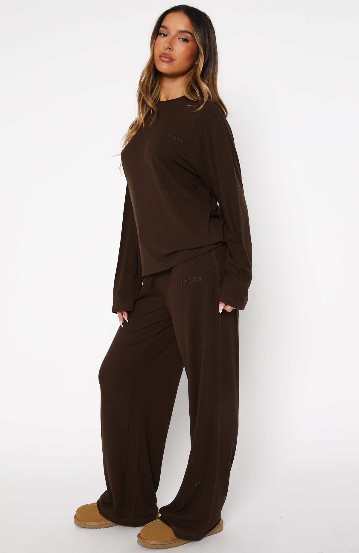 Come A Long Way Soft Lounge Ribbed Wide Leg Pants Chocolate