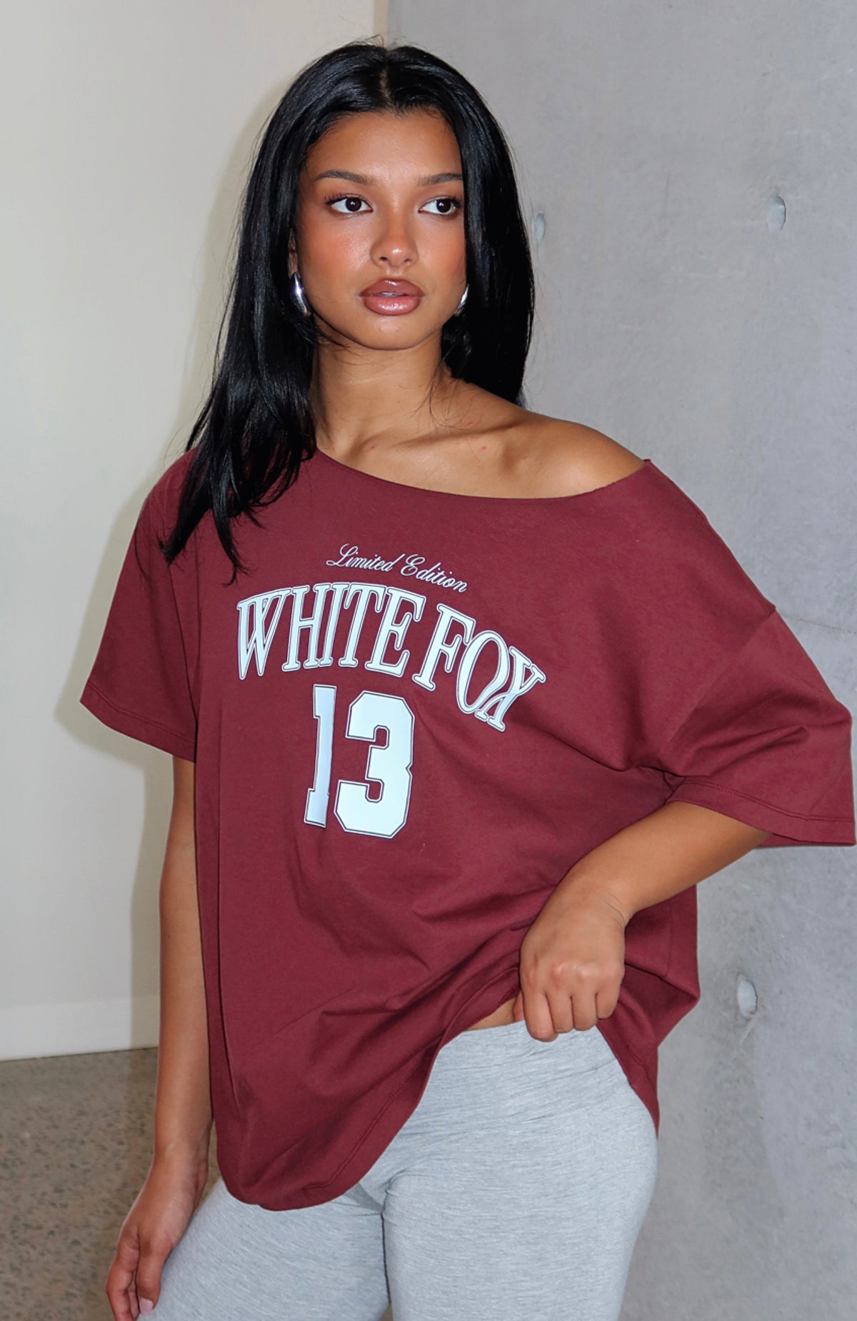 Everything In Time Off Shoulder Oversized Tee Burgundy