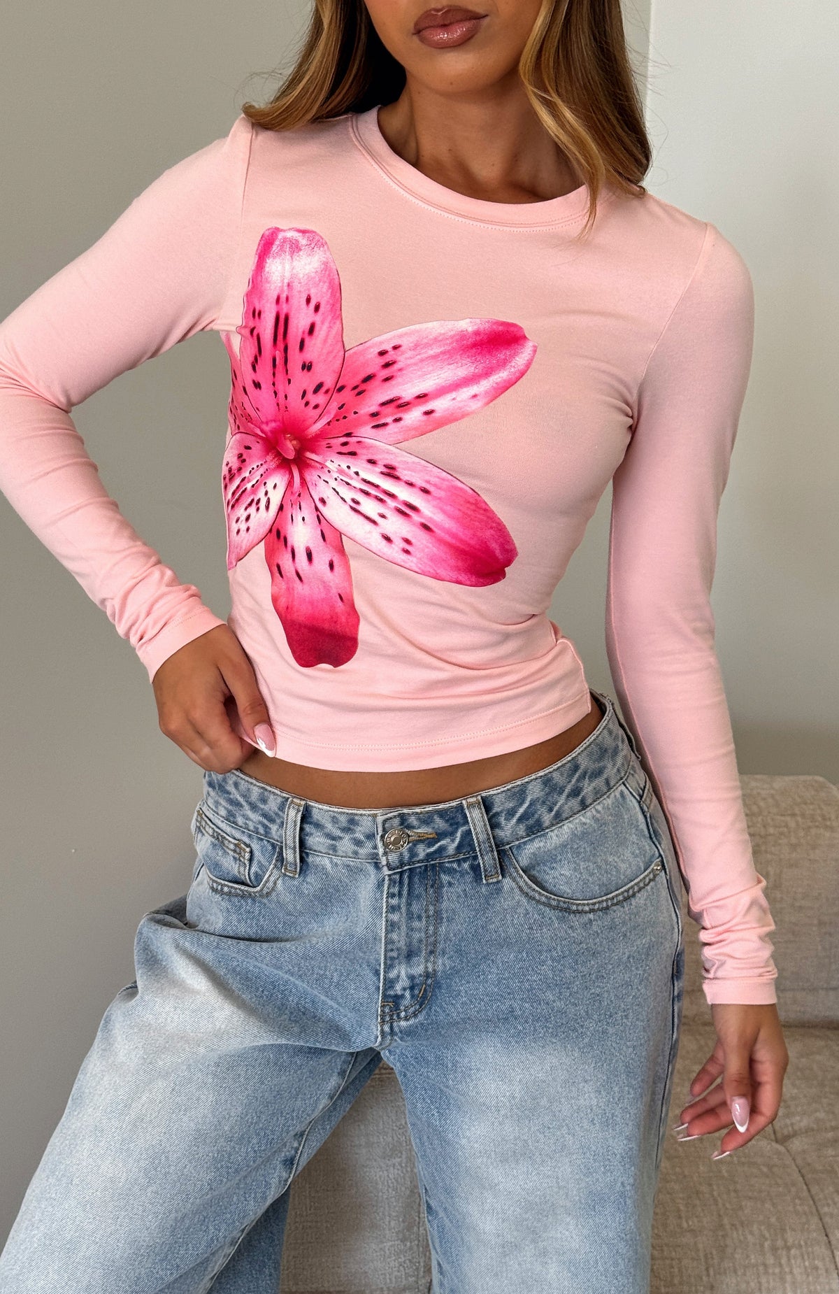 Flower Beds Long Sleeve Baby Tee Baby Pink