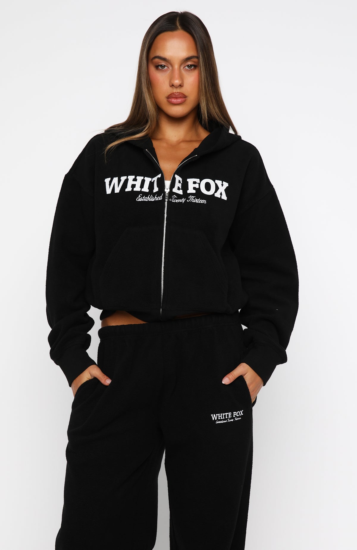 Just For Now Fleece Boxy Zip Front Hoodie Black