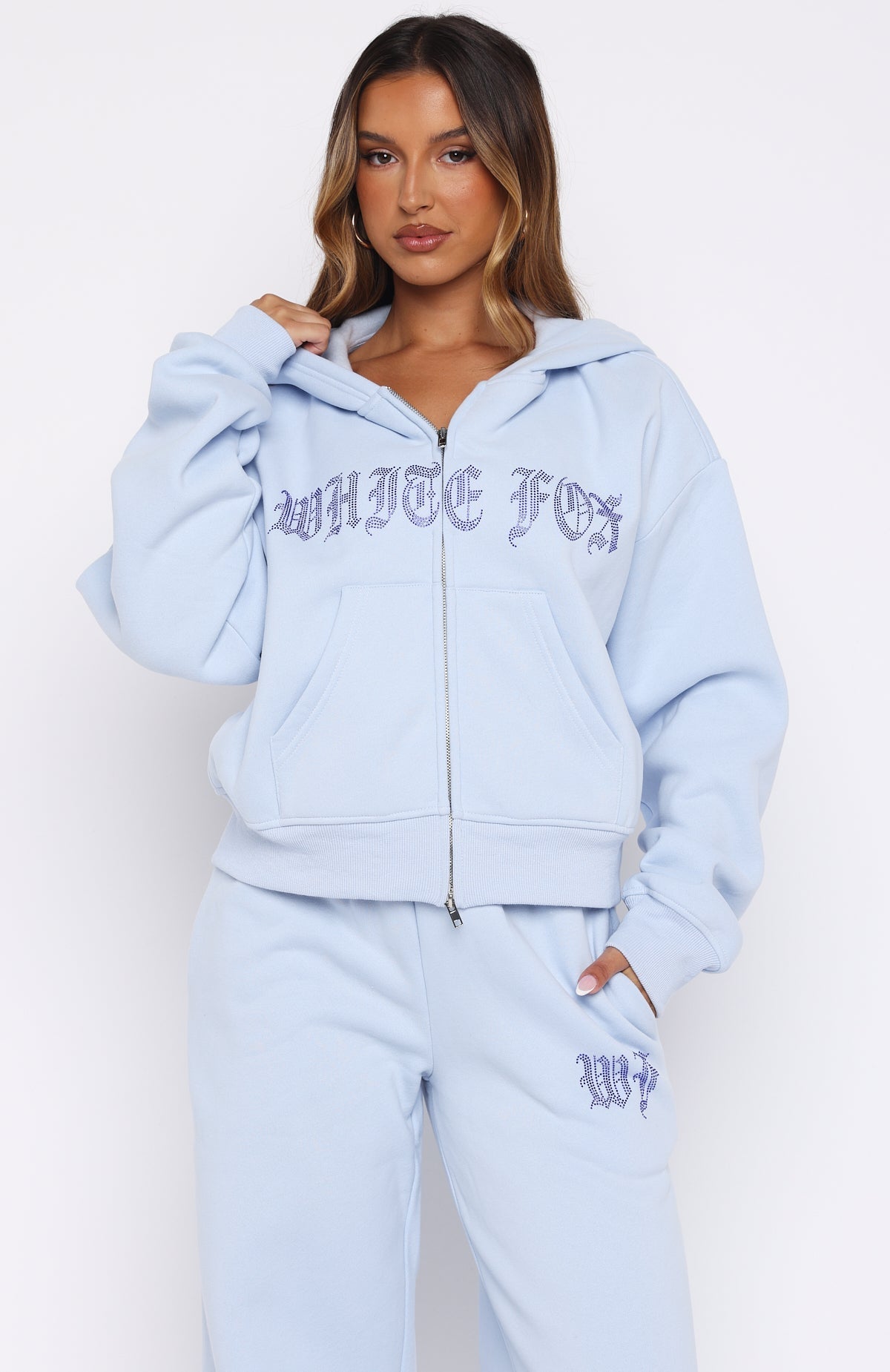 Lucky Ones Boxy Zip Front Hoodie Baby Blue