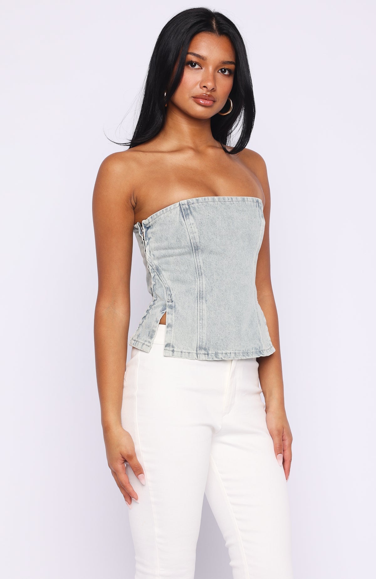 Not Listening Strapless Denim Top Light Blue
