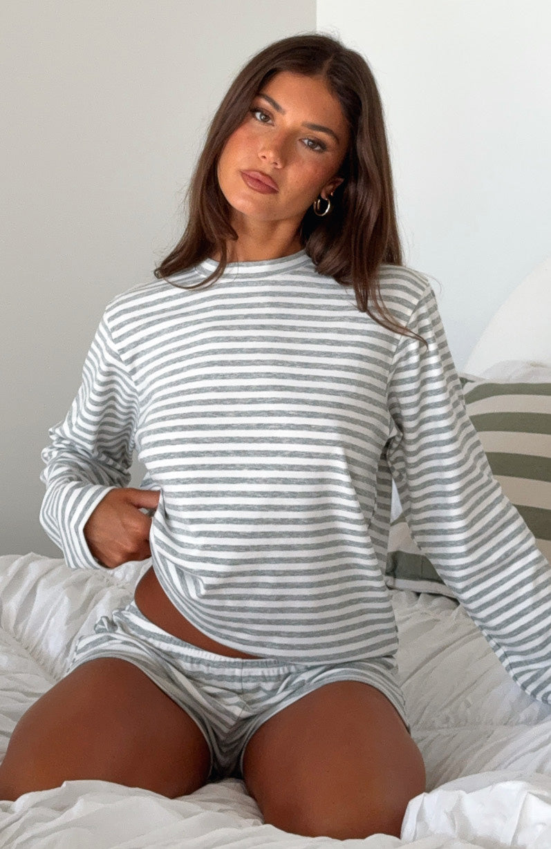 Slow Life Long Sleeve Pyjama Top Grey/White Stripe