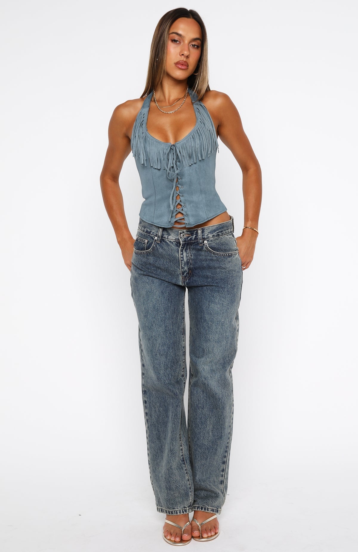 Truth In The Lie Faux Suede Bustier Steel Blue