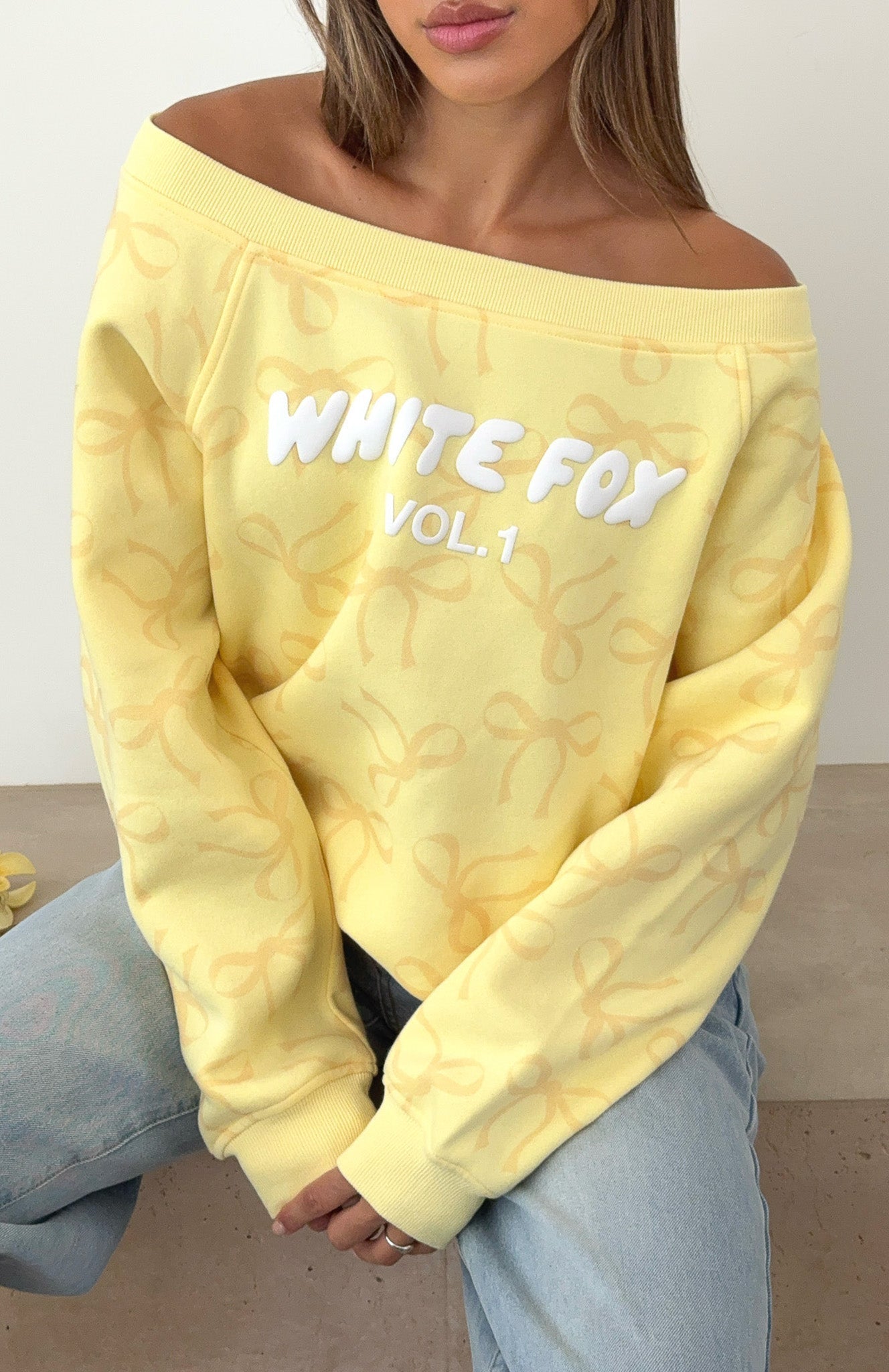 Vol. 1 Off Shoulder Printed Sweater Lemon Bow