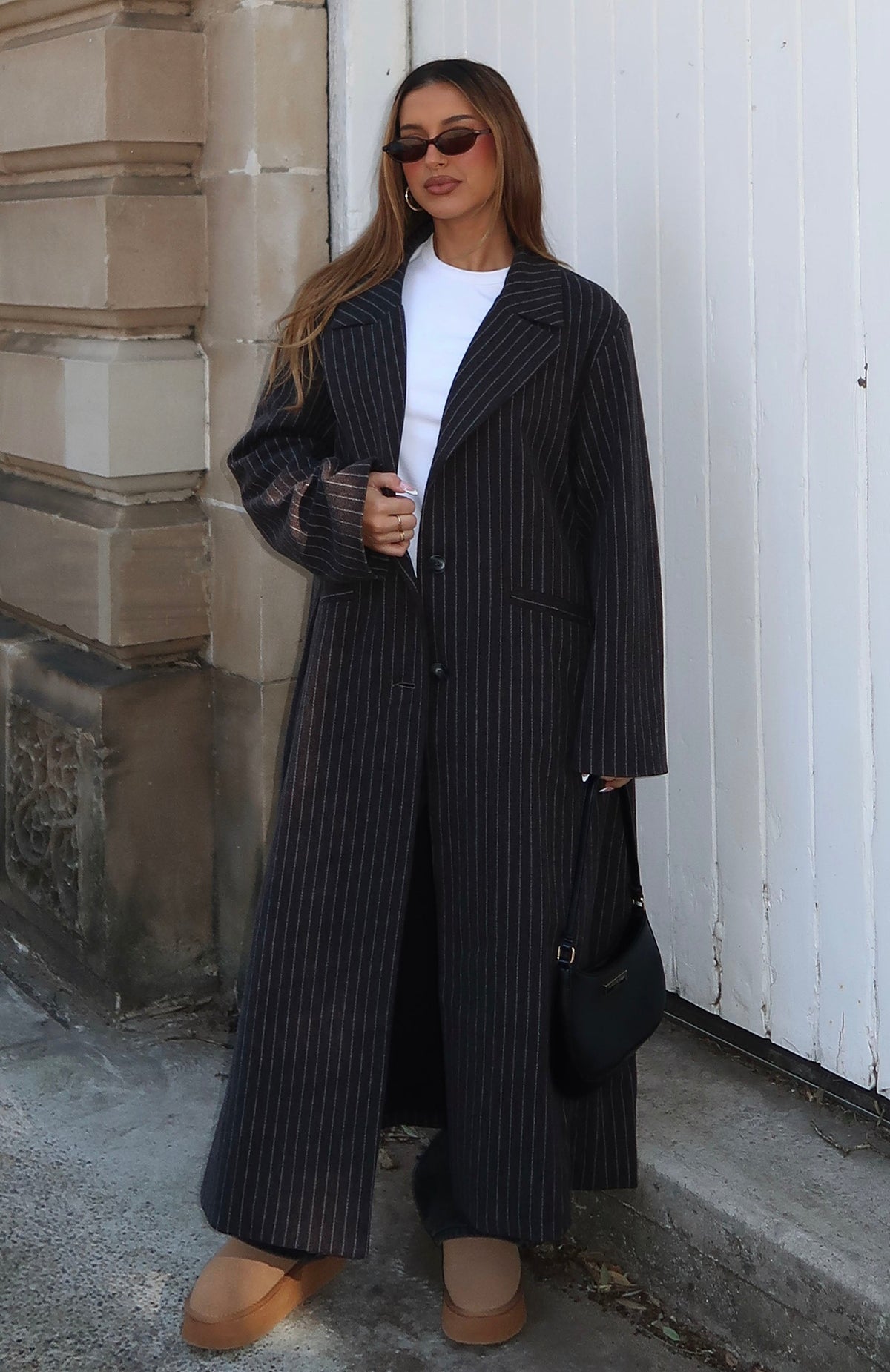Walk By Me Oversized Coat Charcoal Pinstripe